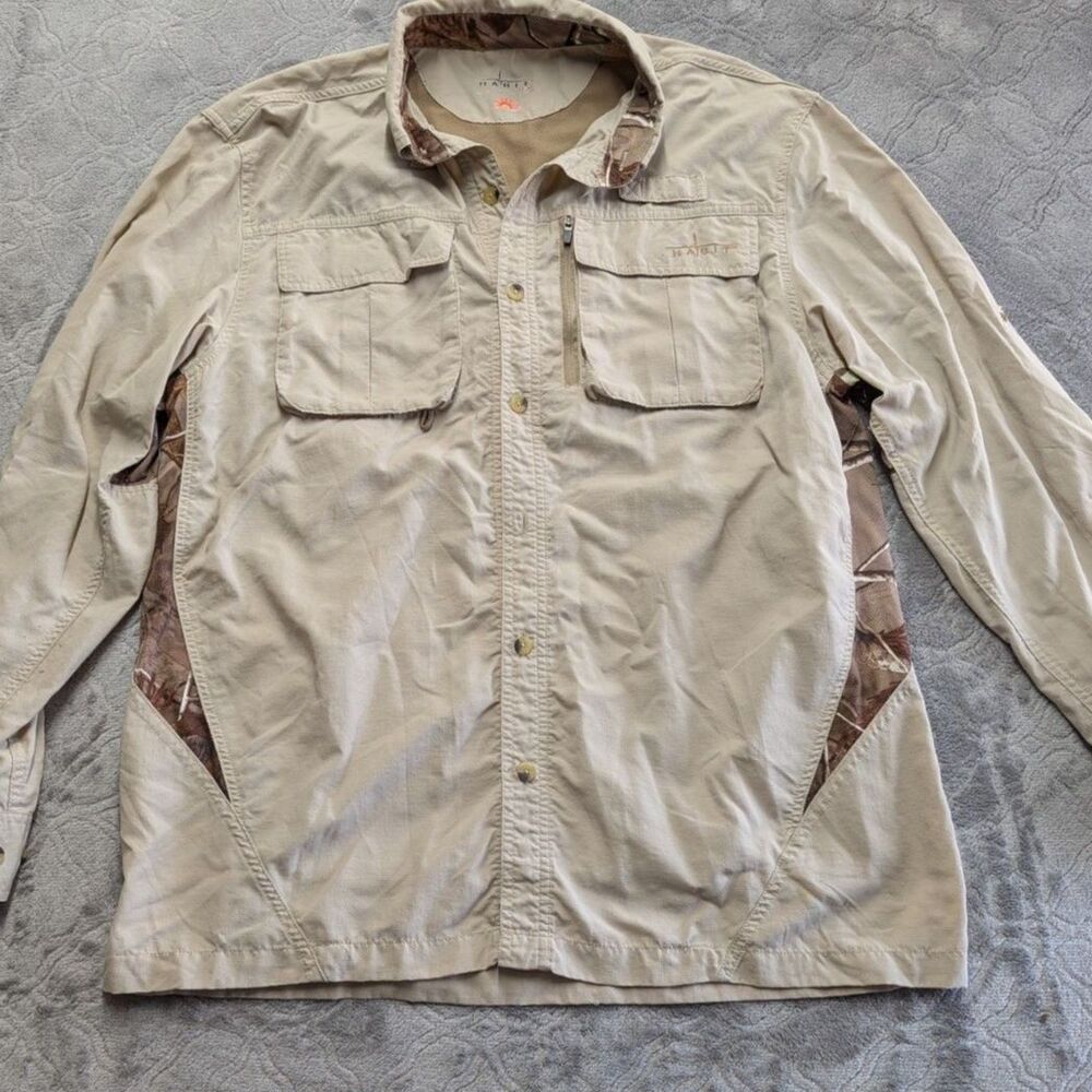 Habit Outdoor Fishing Shirt Mens Medium Beige Camo Vented UPF 30+ Long Sleeve